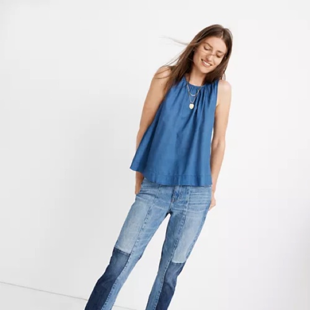 Madewell Blue Sleeveless Gathered Neck Tank